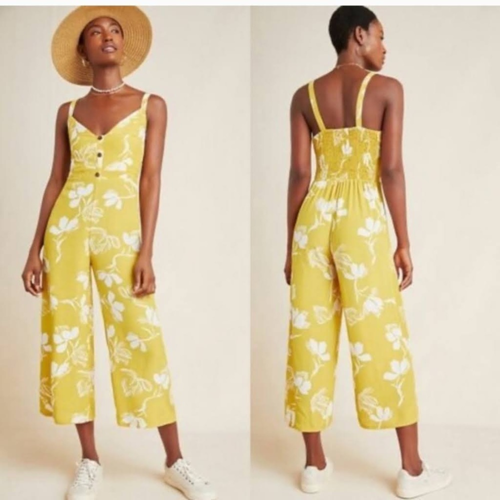 Faithfull the Brand x Anthropologie yellow floral smocked jumpsuit XS